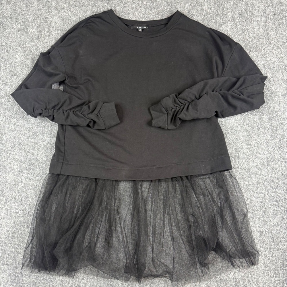 Moelleux Anthropologie Tulle Hem Top Women Small Black Ruched Sleeve Mixed Media